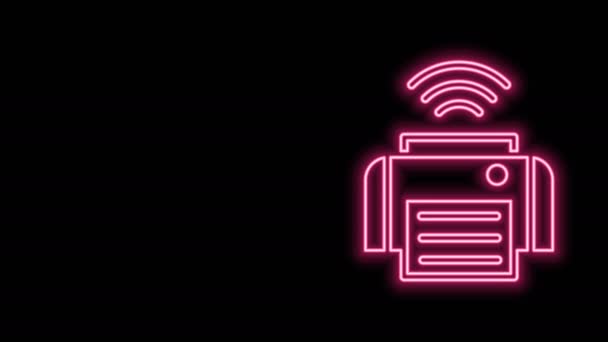 Linea neon luminosa Icona del sistema di stampa intelligente isolata su sfondo nero. Internet delle cose concetto con connessione wireless. Animazione grafica 4K Video motion — Video Stock