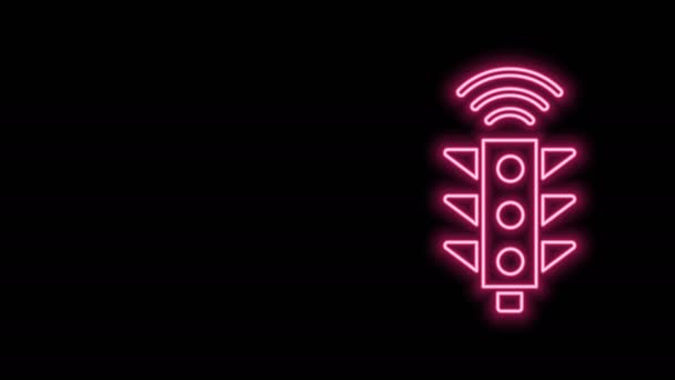 Linea neon incandescente Icona del sistema a semaforo intelligente isolata su sfondo nero. Internet delle cose concetto con connessione wireless. Animazione grafica 4K Video motion — Video Stock