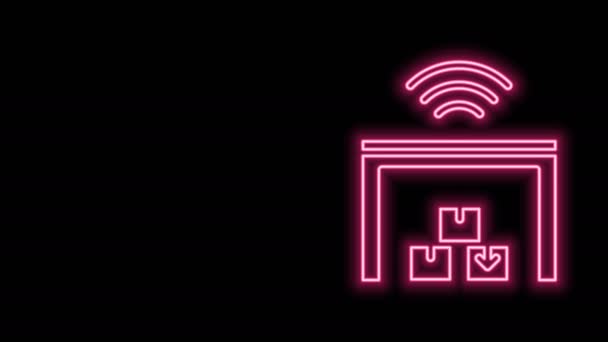 Linea neon luminosa Icona del sistema di magazzino intelligente isolata su sfondo nero. Animazione grafica 4K Video motion — Video Stock