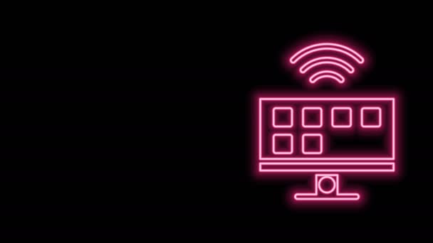 Linea neon luminosa Icona del sistema Smart Tv isolata su sfondo nero. Segnale televisivo. Internet delle cose concetto con connessione wireless. Animazione grafica 4K Video motion — Video Stock