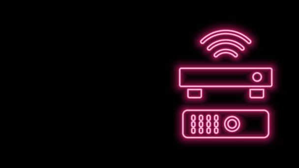 Linea neon luminosa Ricevitore e lettore multimediale e TV wireless con icona del telecomando isolato su sfondo nero. Animazione grafica 4K Video motion — Video Stock