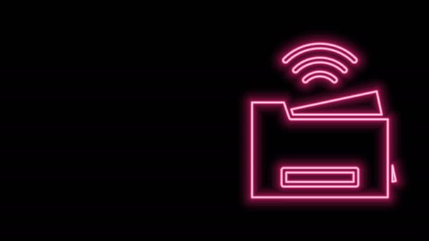 Glowing neon line Smart printer system icon isolated on black background. Konsep internet dengan koneksi nirkabel. Animasi grafis gerak Video 4K — Stok Video