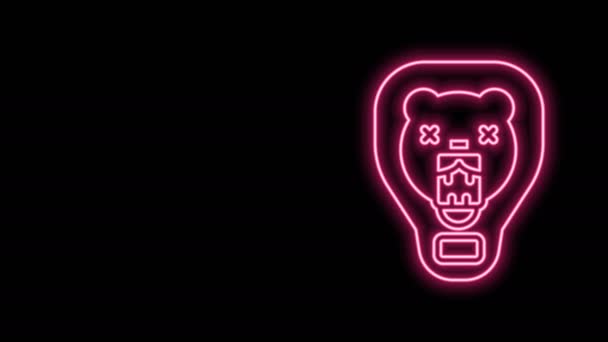 Ragyogó neon vonal Medve fej pajzs ikon elszigetelt fekete háttér. Vadásztrófea a falon. 4K Videó mozgás grafikus animáció — Stock videók