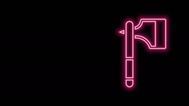 Parlayan neon hattı tahta balta ikonu siyah arkaplanda izole edildi. Oduncu baltası. 4K Video hareketli grafik canlandırması