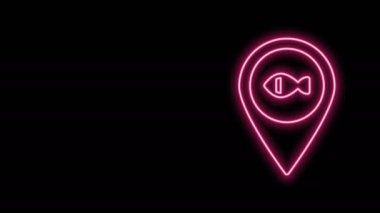 Parlayan neon hattı konum balıkçılığı simgesi siyah arkaplanda izole edildi. Balıkçılık yeri. 4K Video hareketli grafik canlandırması