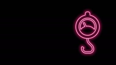 Parlayan neon çizgisi yay ölçeği simgesi siyah arkaplanda izole edildi. Tartı için denge. Ağırlığın belirlenmesi. 4K Video hareketli grafik canlandırması