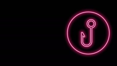 Parlayan neon hattı. Balıkçı kancası simgesi siyah arkaplanda izole edildi. Balık oltası. 4K Video hareketli grafik canlandırması