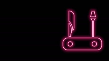 Parlayan neon hattı İsviçre çakısı ikonu siyah arka planda izole edildi. Çoklu alet, çok amaçlı çakı. Çok fonksiyonlu bir alet. 4K Video hareketli grafik canlandırması