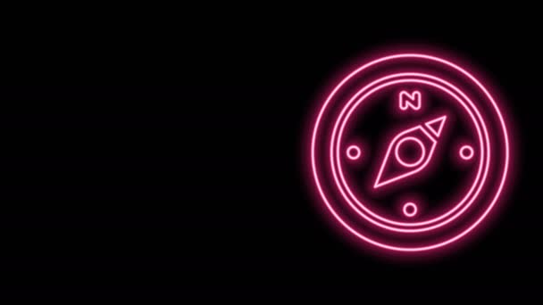 Gloeiende neon lijn Kompas pictogram geïsoleerd op zwarte achtergrond. Windrose navigatiesymbool. Windroos teken. 4K Video motion grafische animatie — Stockvideo