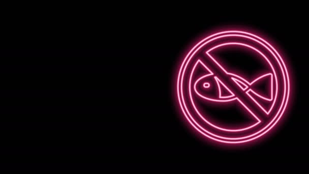 Świecąca neonowa linia Brak ikony wędkarskiej na czarnym tle. Znak zakazu. 4K Animacja graficzna ruchu wideo — Wideo stockowe