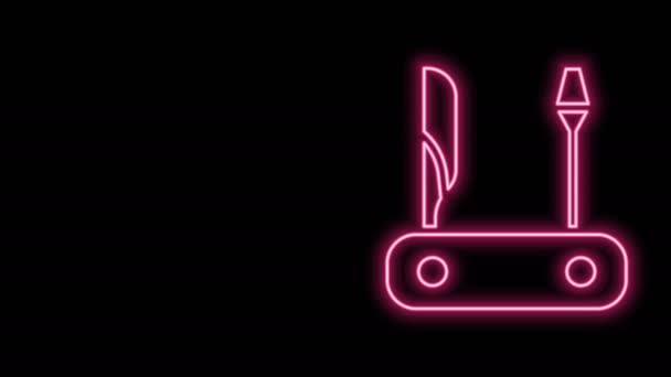 Светящаяся неоновая линия икона швейцарского армейского ножа выделена на черном фоне. Многофункциональный многофункциональный перочинный нож. Многофункциональный инструмент. Видеографическая анимация 4K — стоковое видео