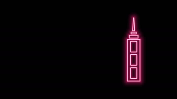 Icono de rascacielos de línea de neón brillante aislado sobre fondo negro. Arquitectura metrópolis paisaje panorámico. Animación gráfica de vídeo 4K — Vídeo de stock