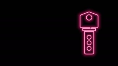 Parlayan neon hattı ev anahtarı simgesi siyah arkaplanda izole edildi. 4K Video hareketli grafik canlandırması
