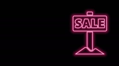 Siyah arkaplanda izole edilmiş metin satışı simgesiyle parlayan neon hattı asılı. Mesaj indirimli tabela. 4K Video hareketli grafik canlandırması