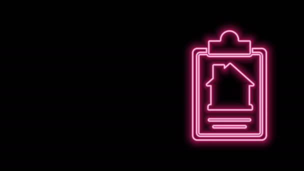 Ragyogó neon vonal House szerződés ikon elszigetelt fekete háttér. Szerződéskötési szolgáltatás, dokumentumkészítés, igénylőlap-összetétel. 4K Videó mozgás grafikus animáció — Stock videók