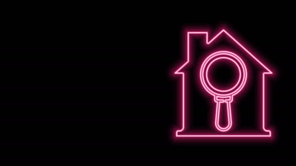 Glowing neon line Search house icon isolated on black background. Real estate symbol of a house under magnifying glass. 4K Video motion graphic animation — Stock Video