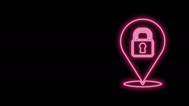 Parlayan neon hattı konum kilidi simgesi siyah arkaplanda izole edildi. Ev anahtarının konsepti. 4K Video hareketli grafik canlandırması