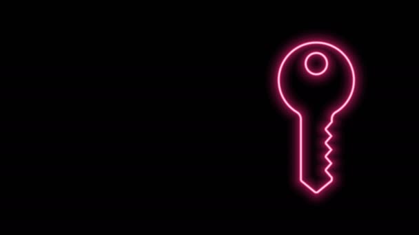 Gloeiende neon lijn Huis sleutel pictogram geïsoleerd op zwarte achtergrond. 4K Video motion grafische animatie — Stockvideo