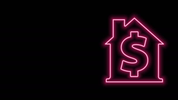 Ragyogó neon vonal Ház dollár szimbólum ikon elszigetelt fekete alapon. Otthon és pénz. Ingatlankoncepció. 4K Videó mozgás grafikus animáció — Stock videók
