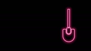 Parlayan neon hattı kürek simgesi siyah arkaplanda izole edildi. Bahçe aletleri. Bahçecilik, tarım, çiftçilik aleti. 4K Video hareketli grafik canlandırması