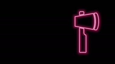 Parlayan neon hattı tahta balta ikonu siyah arkaplanda izole edildi. Oduncu baltası. 4K Video hareketli grafik canlandırması