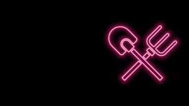 Parlayan neon hattı kürek ve tırmık simgesi siyah arkaplanda izole edildi. Bahçecilik, tarım, bahçıvanlık, çiftçilik aletleri. Toprak işçisi. 4K Video hareketli grafik canlandırması