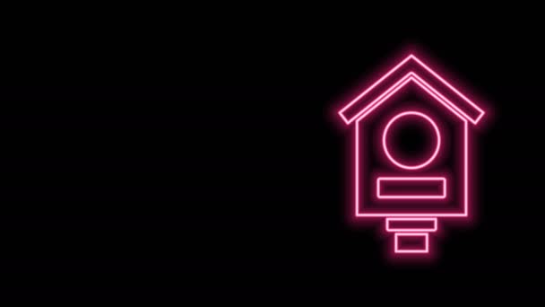 Glowing neon line Bird house icon isolated on black background. Nesting box birdhouse, homemade building for birds. 4K Video motion graphic animation — Stock Video