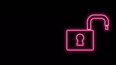 Parlayan neon hattı Açık asma kilit simgesi siyah arkaplanda izole edildi. Kilit açık işareti. Siber güvenlik kavramı. Dijital veri koruması. 4K Video hareketli grafik canlandırması