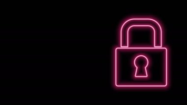 Parlayan neon çizgi simgesi siyah arkaplanda izole edildi. Asma kilit işareti. Güvenlik, güvenlik, koruma, gizlilik kavramı. 4K Video hareketli grafik canlandırması