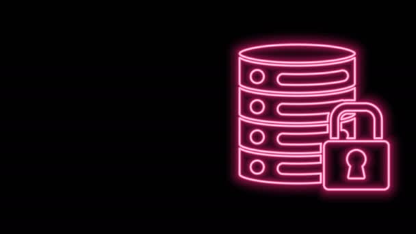 Leuchtende Neon Line Server Security mit geschlossenem Vorhängeschloss-Symbol isoliert auf schwarzem Hintergrund. Sicherheit, Sicherheit, Schutzkonzept. 4K Video Motion Grafik Animation — Stockvideo