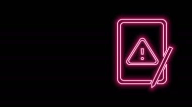 Siyah arkaplanda izole edilmiş ünlem sembolü simgesi olan parlak neon çizgisi grafiksel tablet. Uyarı mesajı akıllı telefon uyarısı. 4K Video hareketli grafik canlandırması