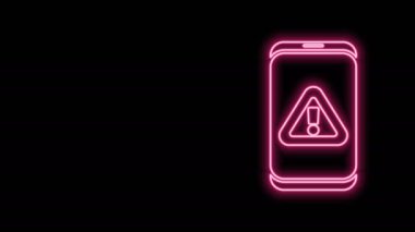 Siyah zemin üzerinde ünlem işareti simgesi olan parlak neon hattı cep telefonu. Uyarı mesajı akıllı telefon uyarısı. 4K Video hareketli grafik canlandırması