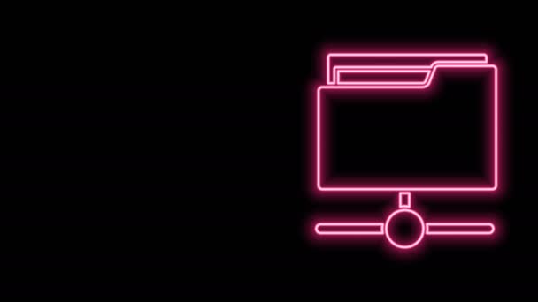 Świecąca neonowa ikona folderu FTP odizolowana na czarnym tle. Aktualizacja oprogramowania, protokół transferu, router, zarządzanie narzędziami pracy zespołowej, proces kopiowania, informacje. 4K Animacja graficzna ruchu wideo — Wideo stockowe
