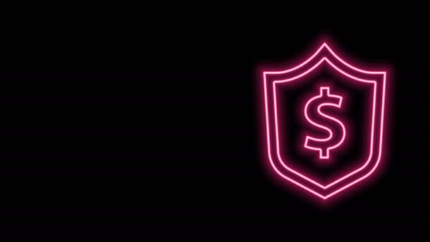Leuchtendes neonfarbenes Schild mit Dollarsymbol auf schwarzem Hintergrund. Schutzschild. Geldsicherheitskonzept. 4K Video Motion Grafik Animation — Stockvideo