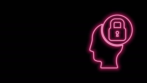 Świecąca neonowa linia Ludzka głowa z ikoną blokady odizolowana na czarnym tle. 4K Animacja graficzna ruchu wideo — Wideo stockowe