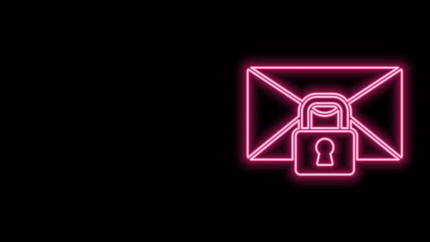Świecąca neonowa linia Ikona blokady wiadomości e-mail izolowana na czarnym tle. Koperta z kłódką. Prywatność, bezpieczeństwo, bezpieczeństwo, ochrona, prywatność. 4K Animacja graficzna ruchu wideo — Wideo stockowe