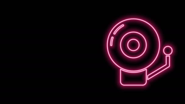 Gloeiende neon lijn Ringing alarm bel pictogram geïsoleerd op zwarte achtergrond. Alarmsymbool, bedrijfsbel, handbelteken, meldsymbool. 4K Video motion grafische animatie — Stockvideo