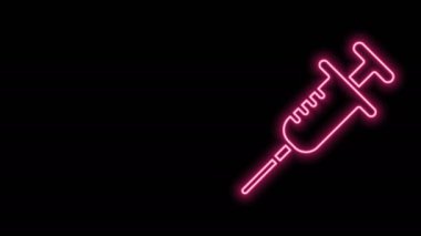 Parlayan neon çizgisi şırınga simgesi siyah arkaplanda izole edildi. Aşı için şırınga, aşı, iğne, grip aşısı. Tıbbi ekipman. 4K Video hareketli grafik canlandırması
