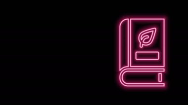 Siyah zemin üzerinde yaprak simgesi olan parlak neon çizgisi tıp kitabı. 4K Video hareketli grafik canlandırması
