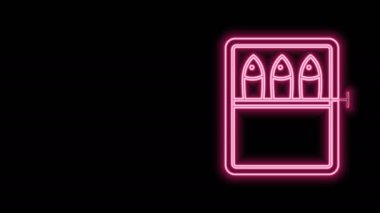 Parlayan neon hattı siyah zemin üzerinde izole edilmiş balık konservesi. 4K Video hareketli grafik canlandırması