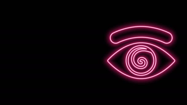 黒の背景に孤立したネオンライン催眠アイコンを光る。螺旋状の催眠虹彩を持つ人間の目。4Kビデオモーショングラフィックアニメーション — ストック動画