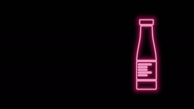 Parlayan neon hattı sos şişesi simgesi siyah arka planda izole edilmiş. Ketçap, hardal ve fast food için soslu mayonez şişeleri. 4K Video hareketli grafik canlandırması