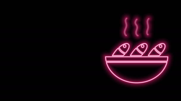 Glödande neon line fisk soppa ikon isolerad på svart bakgrund. 4K Video motion grafisk animation — Stockvideo