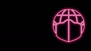 Siyah arka planda izole edilmiş tıbbi maske ikonu olan parlak neon çizgisi Dünya küresi. 4K Video hareketli grafik canlandırması