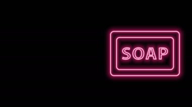 Parlayan neon hattı siyah arkaplanda izole edilmiş sabun simgesi. Köpüklü sabun çubuğu. 4K Video hareketli grafik canlandırması