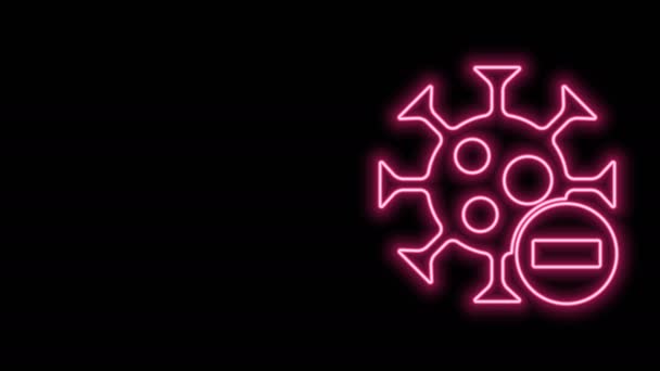 Línea de neón brillante Icono de virus negativo aislado sobre fondo negro. Virus Corona 2019-nCoV. Bacterias y gérmenes, cáncer de células, microbios, hongos. Animación gráfica de vídeo 4K — Vídeo de stock
