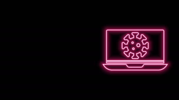 Brillante línea de neón Estadísticas de virus en el icono del ordenador portátil aislado en fondo negro. Virus Corona 2019-nCoV. Bacterias y gérmenes, cáncer de células, microbios, hongos. Animación gráfica de vídeo 4K — Vídeos de Stock