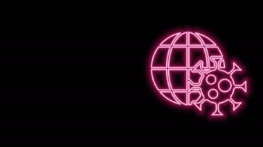 Siyah arka planda izole edilmiş virüs ikonu ile parlayan neon hattı Dünya küresi. Corona virüsü 2019-nCoV. Bakteri ve mikroplar, hücre kanseri, mikrop, mantar. 4K Video hareketli grafik canlandırması