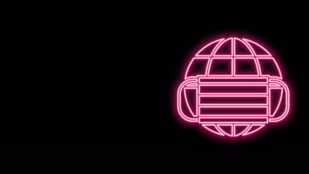 Lumineux néon globe terrestre ligne avec masque médical icône isolée sur fond noir. Animation graphique de mouvement vidéo 4K — Video