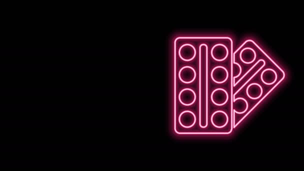 Glödande neon line piller i blisterförpackning ikon isolerad på svart bakgrund. Medicinsk läkemedelsförpackning för tablett, vitamin, antibiotika, aspirin. 4K Video motion grafisk animation — Stockvideo